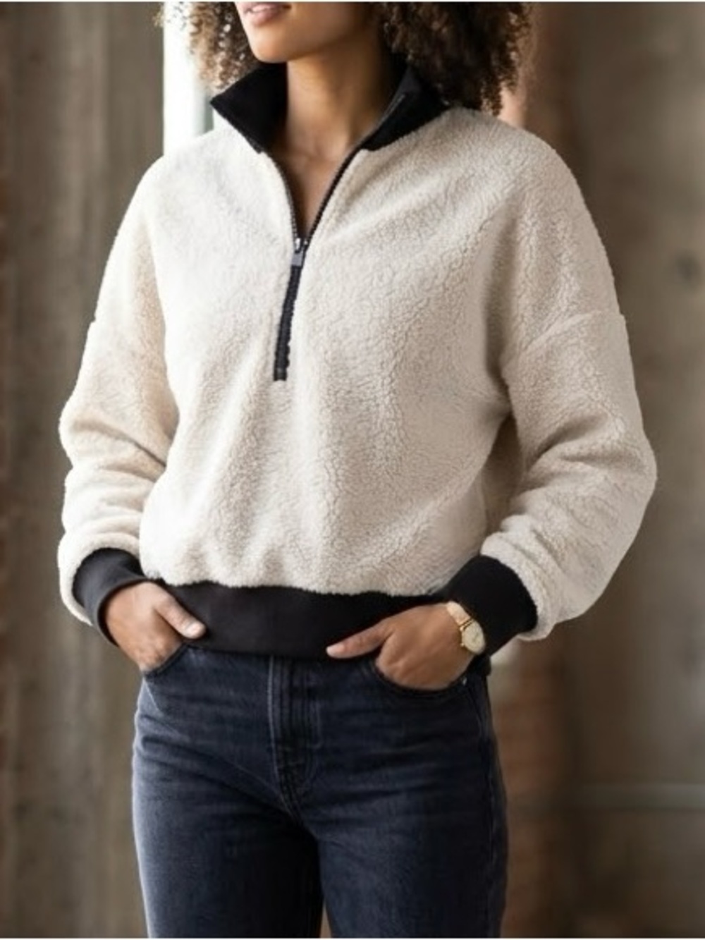 Fabletics Cream Sherpa Half-Zip Pullover with Black Trim